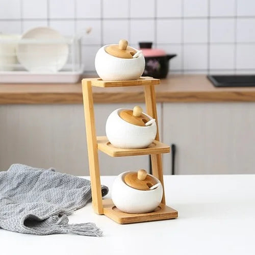pot épices porcelaine blanc couvercle bambou moderne respectueux environnement cuillères plastique blanc herbes épicées(stockage)