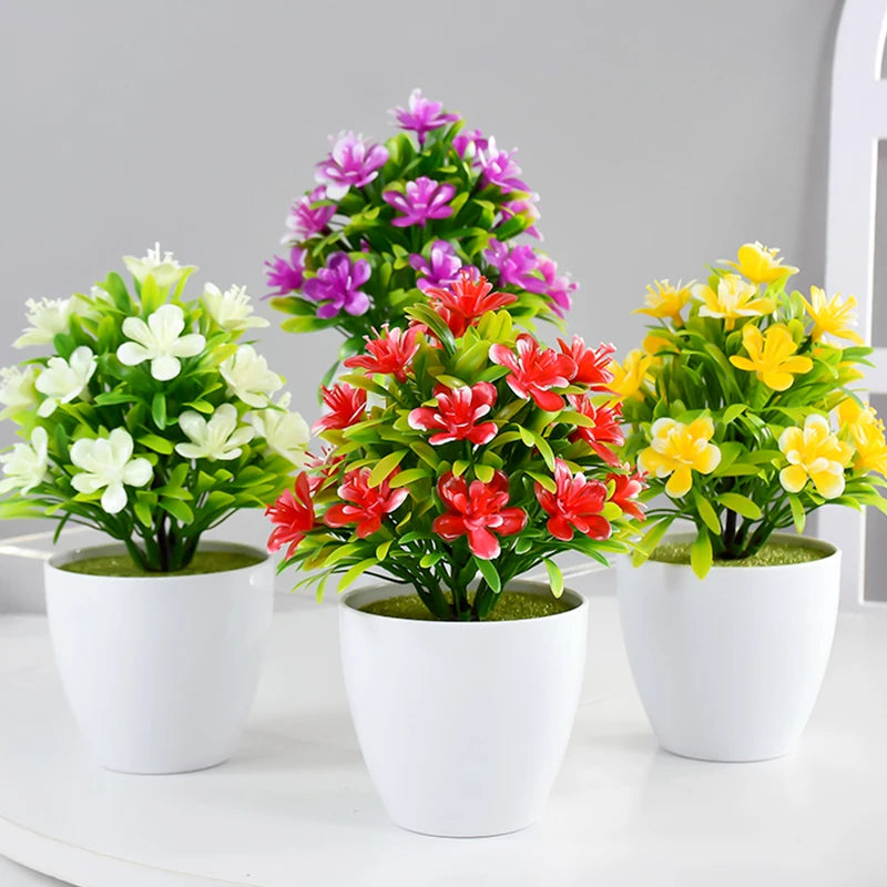 plantes artificielles bonsaï violettes rouges jaunes blanches pot blanc mousse verte décoration moderne extérieur