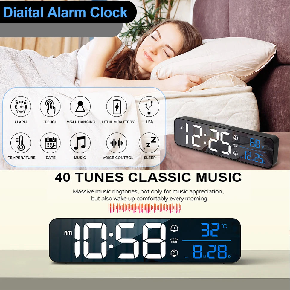 horloge numérique moderne blanc noir écran led affichage température double alarme snooze