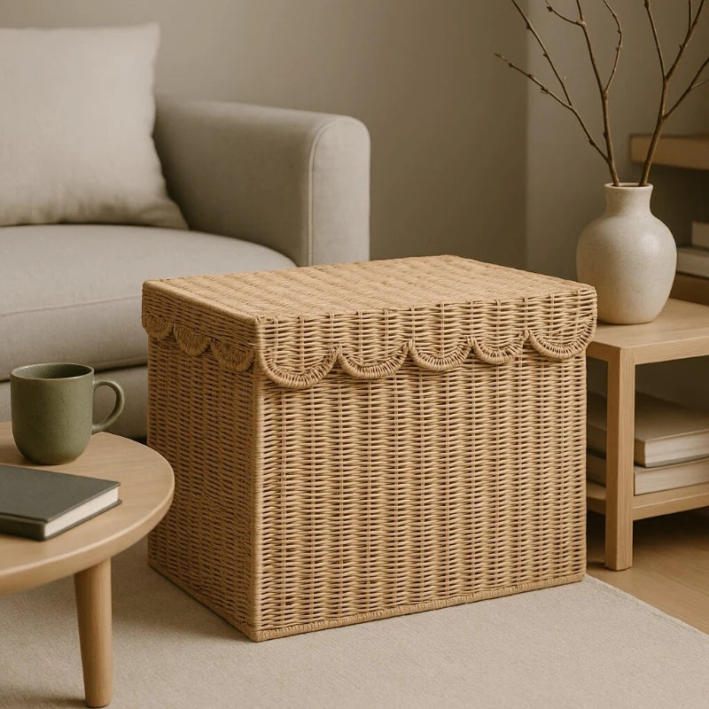 panier rangement tressé bohème rustique beige clair salon cuisine couvercle
