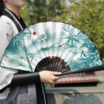 éventail traditionnel japonais paysages oiseaux bambou motifs floraux tassel noir bleu art traditionnel