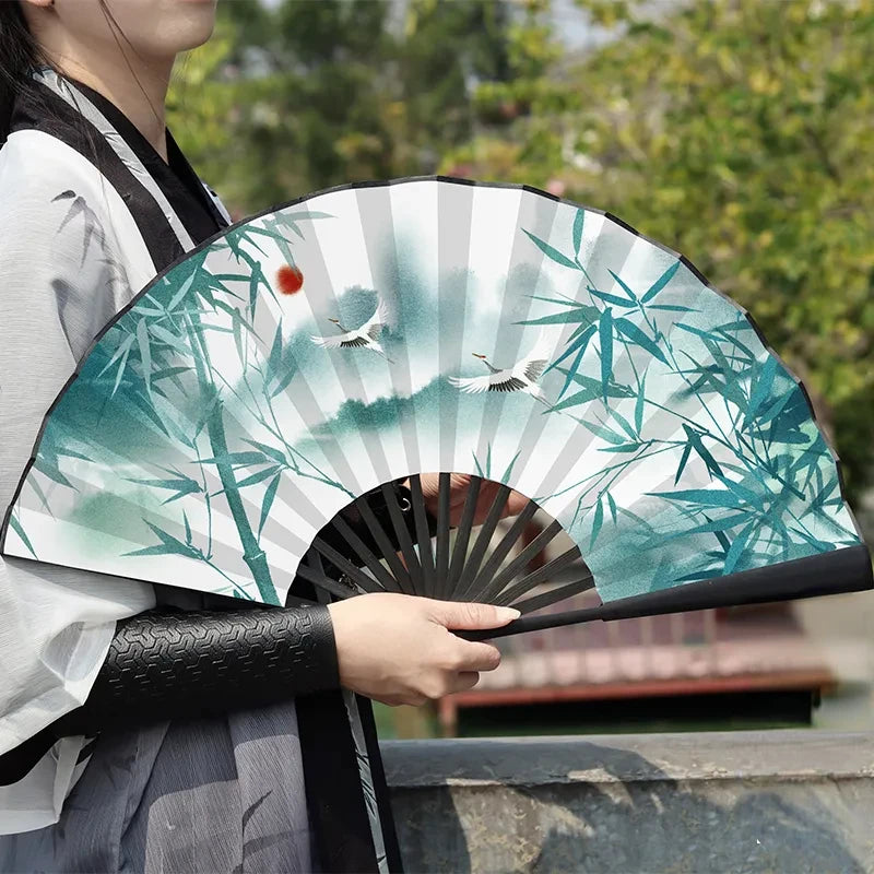 éventail traditionnel japonais paysages oiseaux bambou motifs floraux tassel noir bleu art traditionnel