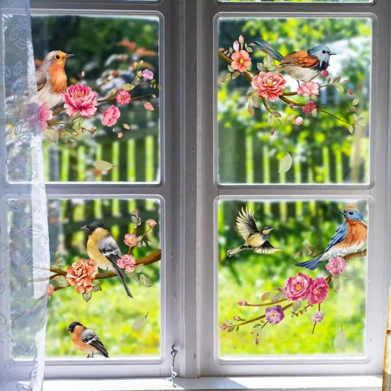 sticker decoratif fleurs oiseaux aquarelle nature pvc fenetre 30x60cm marron blanc vert rose orange