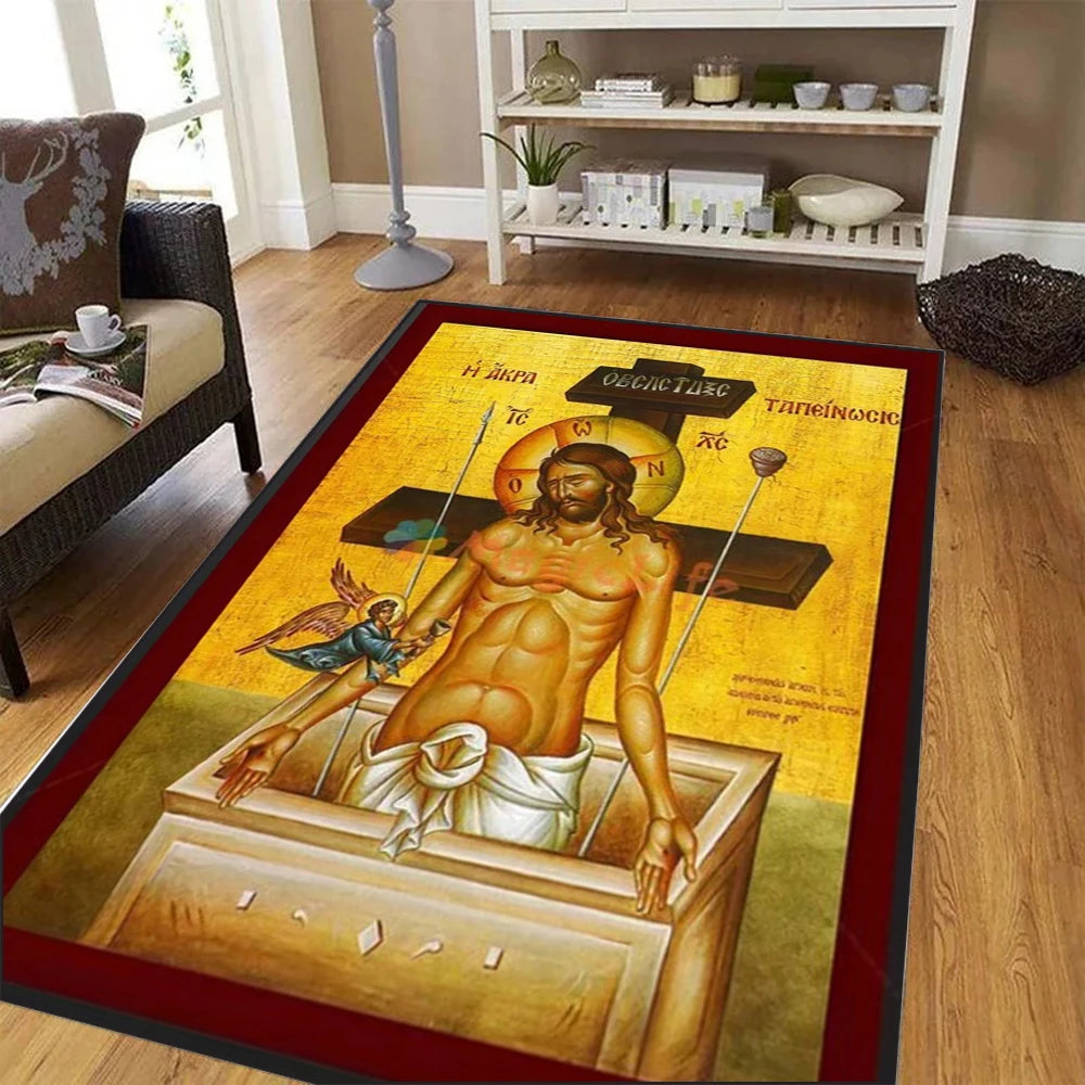 tapis religieux icône orthodoxe rouge bleu doré motif traditionnel salon chambre maison décoratif moderne
