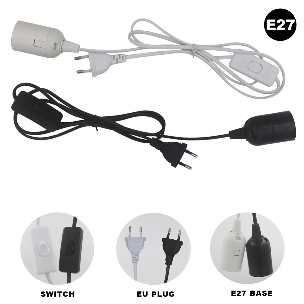 câble électrique vintage ampoule e14 e27 noir blanc douille socket interrupteur variateur 1mètre