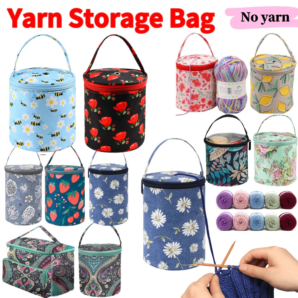 Sac rangement laine moderne noir rouge fleurs poignée amovible crochet pelotes mesures pratique
