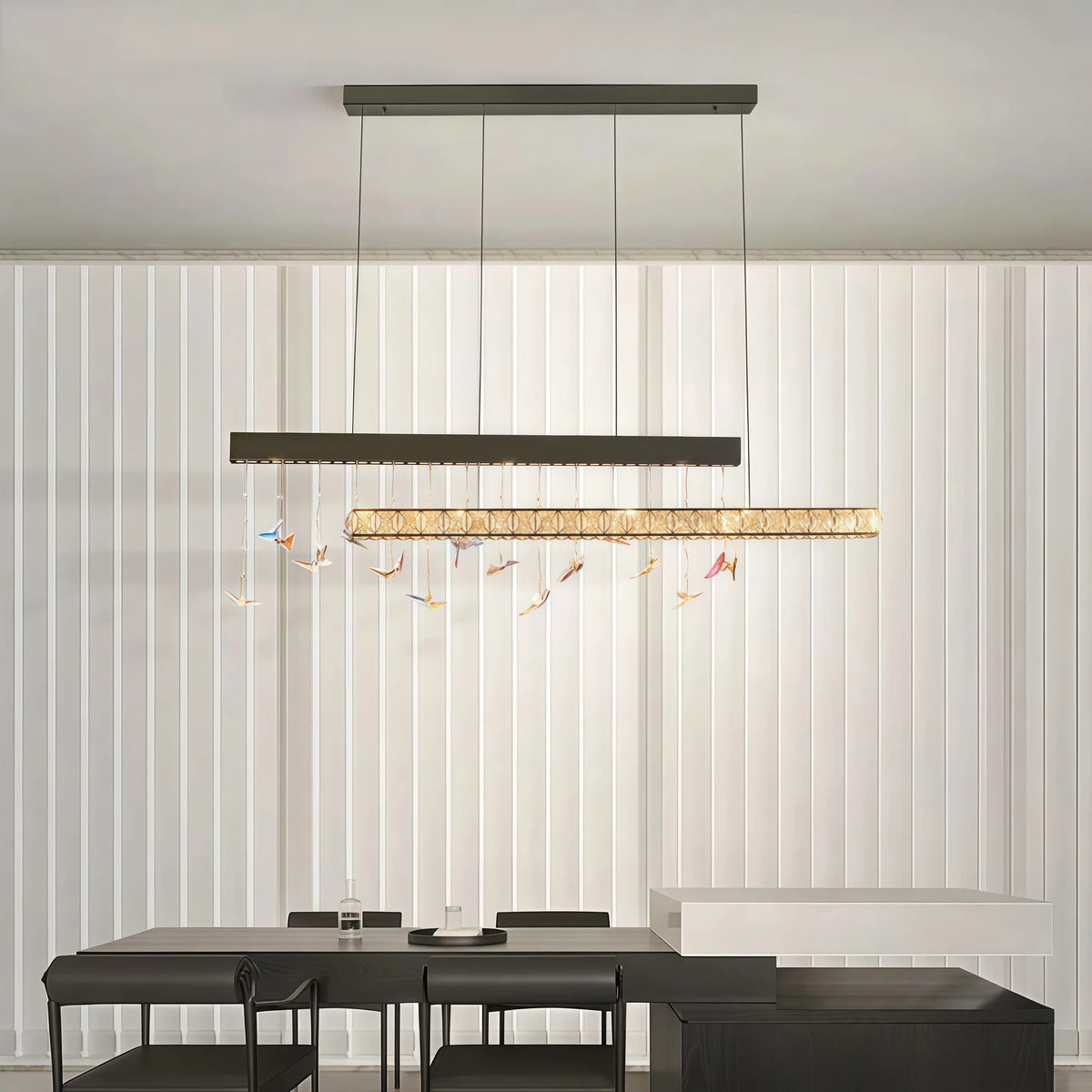 Suspension lumineuse moderne cristaux facettés oiseaux suspendus noir doré transparent