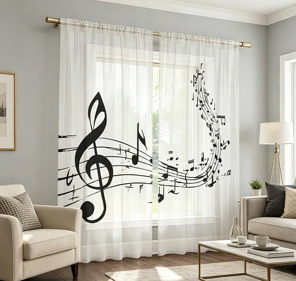 rideaux blanc noir motif musical clé sol moderne deux pièces translucides fenêtre chambreDecorationInterior