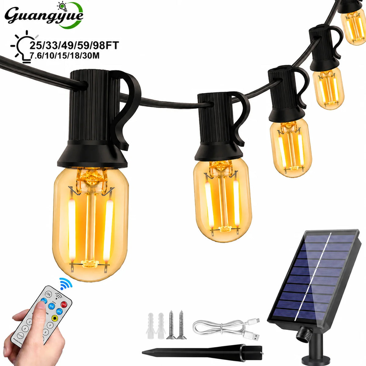 guirlande lumineuse solaire 15 ampoules vintage verre transparent clips noir doré patio jardin