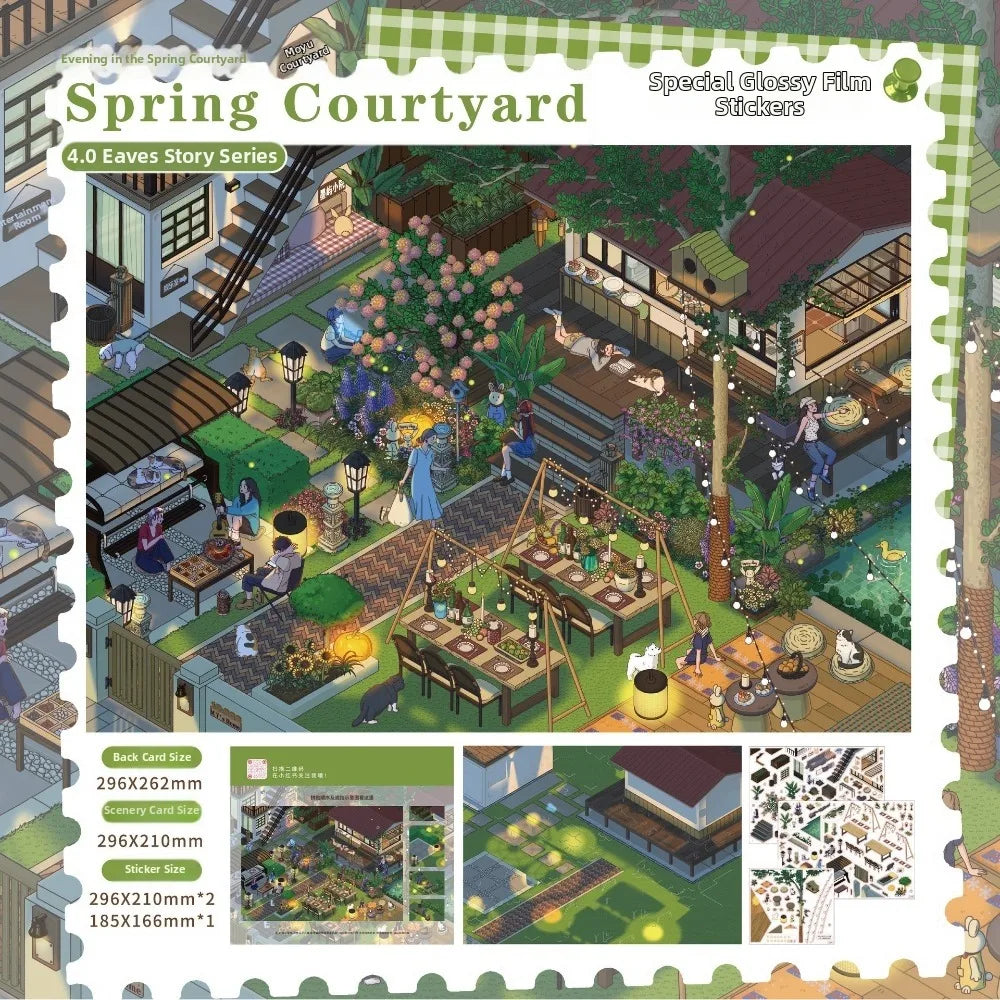stickers decoratifs scènes vie cozy asiatique feuilles papier illustrations detaillees couleurs naturelles éléments architecturaux