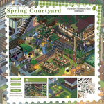 stickers decoratifs scènes vie cozy asiatique feuilles papier illustrations detaillees couleurs naturelles éléments architecturaux