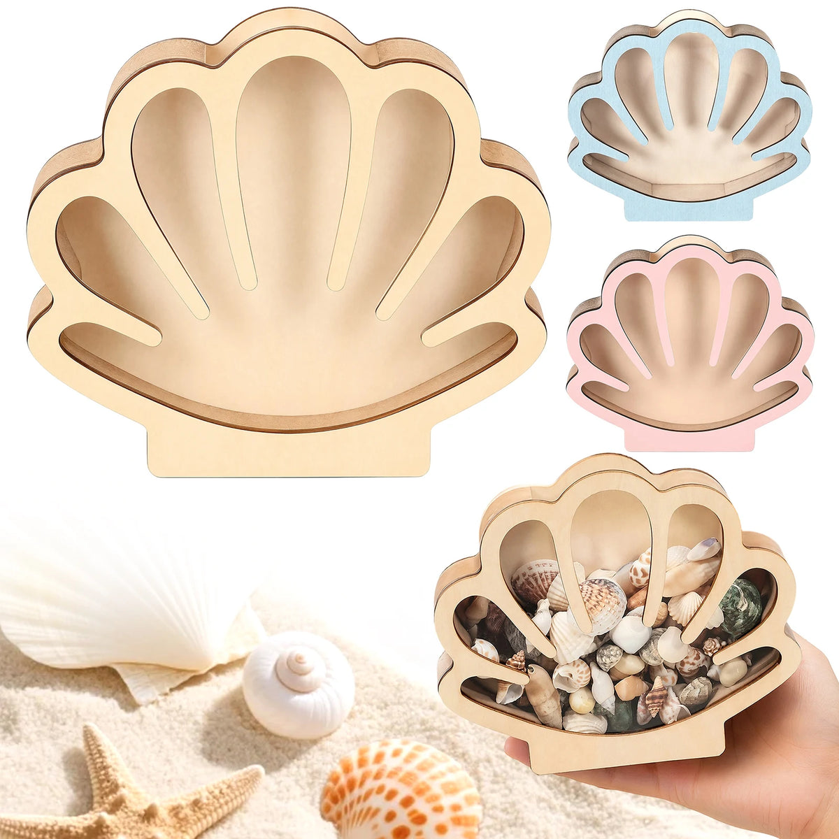 boîte coquillages bois naturel moderne boîte réutilisable coquillage bleu clair rose pâle