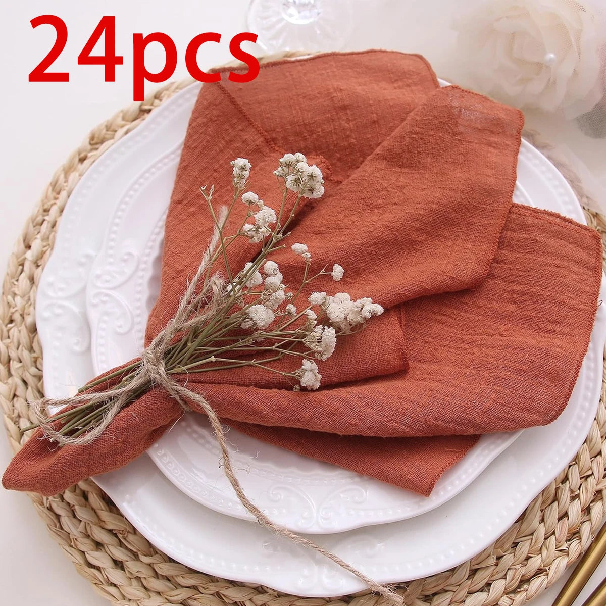 serviettes table orange rustique texture texturée 40x40cm fleurs séchées décoration champêtre