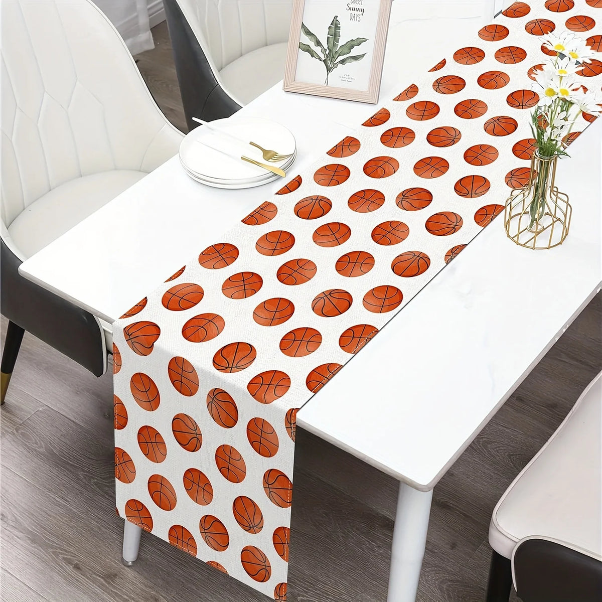 nappe rectangulaire basketball motifs ballons blanc moderne décoration maison festive orangée marron