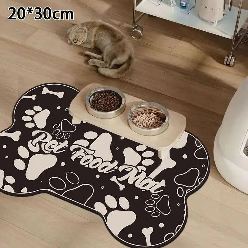 tapis nourrir animal blanc gris motif géométrique moderne anti dérapant deux bols métal