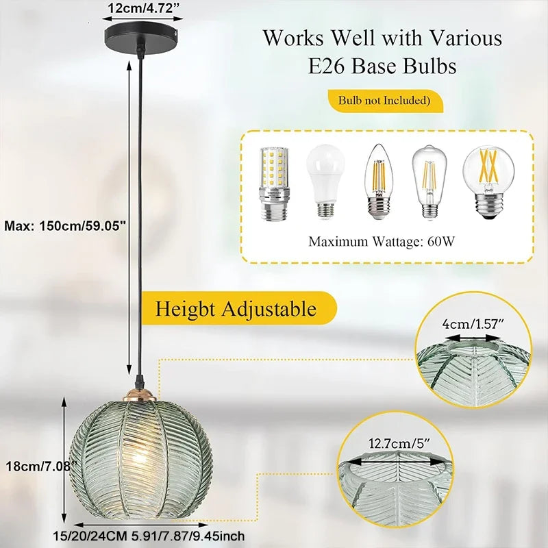 Suspension lumineuse moderne vert clair rayures verticales 15cm 20cm 24cm