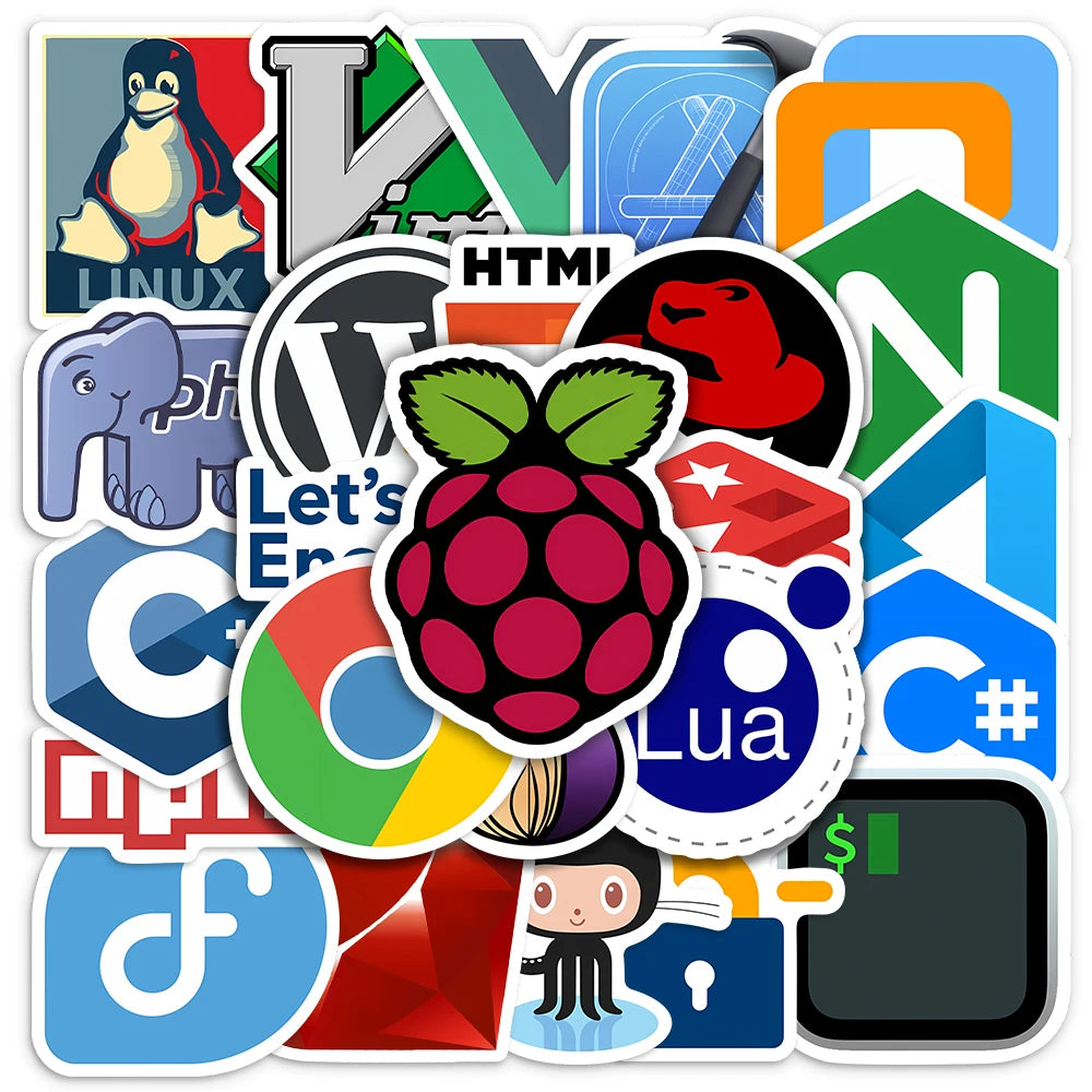 stickers technologie logos python docker linux node js cartoonesques adhésifs adultes adolescents