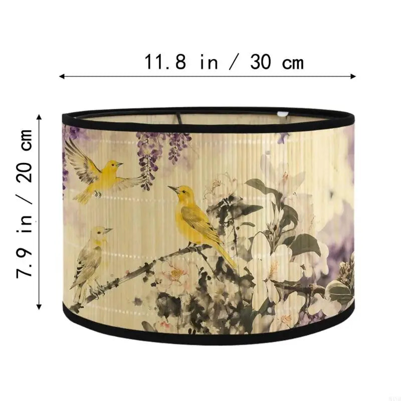abat jour artisanal oiseaux fleurs branches beige noir jaune rose vert boucle métallique