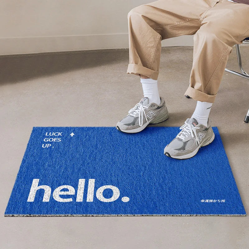 tapis d'entrée moderne vert clair bleu beige antidérapant résistant extérieur imprimé granuleux oh hello