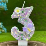 bougies numérales pailletées fleurs reliefs adhésives anniversaire enfant violet blanc vert bleu doré