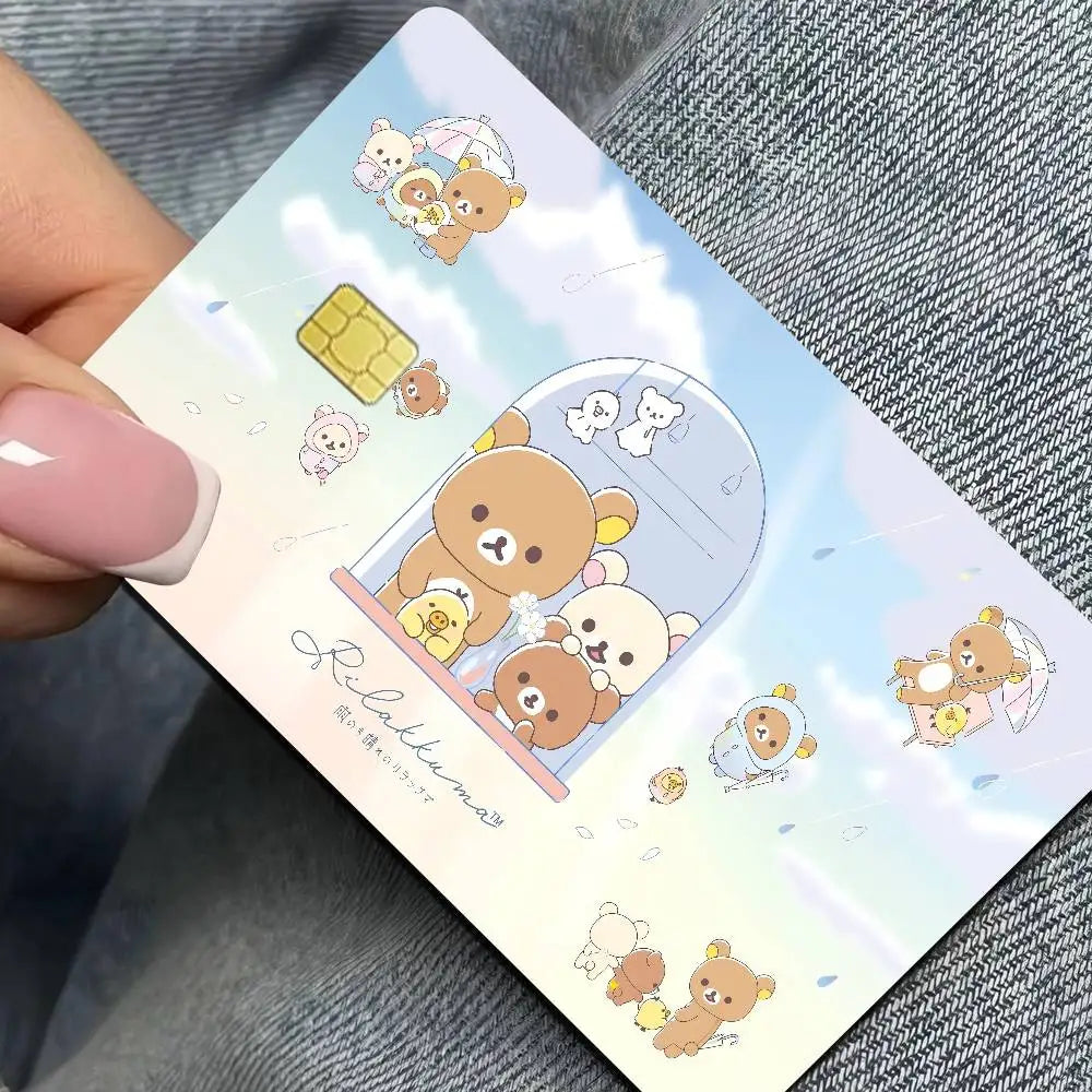 sticker adhésif carte bancaire dessin animé ours mignon rose bleu clair blanc