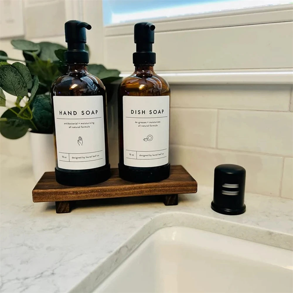 support salle bain bois plateau texturé bouteille savon brosse buvette bougies plantes décorations rustic