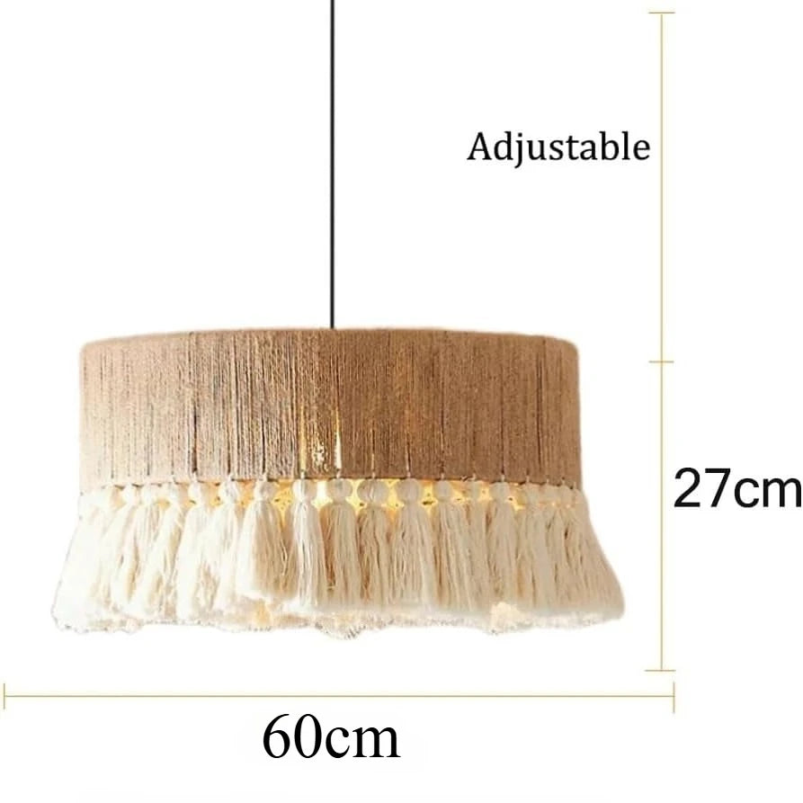 lampe suspendue moderne bohème tissu tressé franges blanches 40cm beige blanc