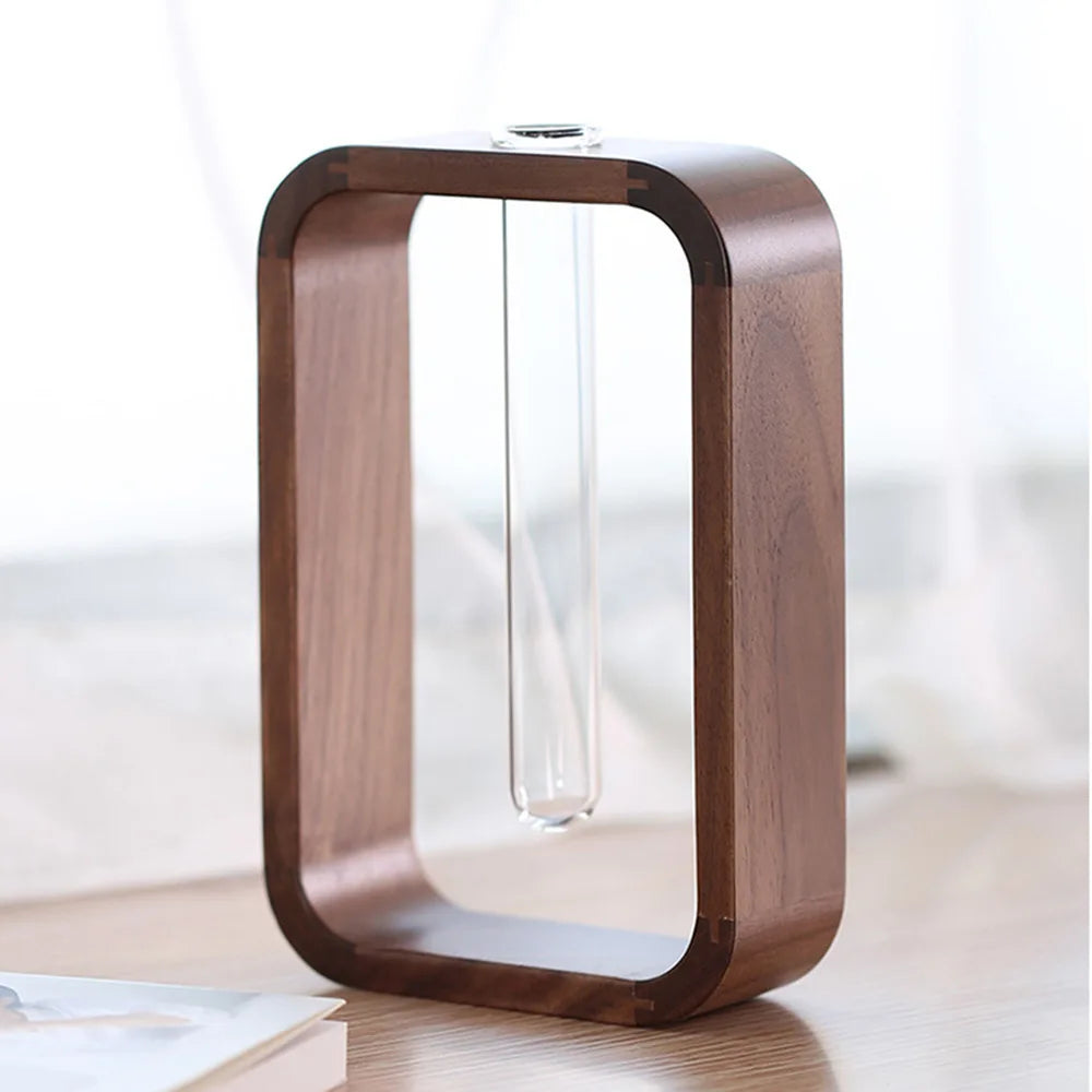 support vase transparent bois foncé moderne decoration intérieure plantes fleuries