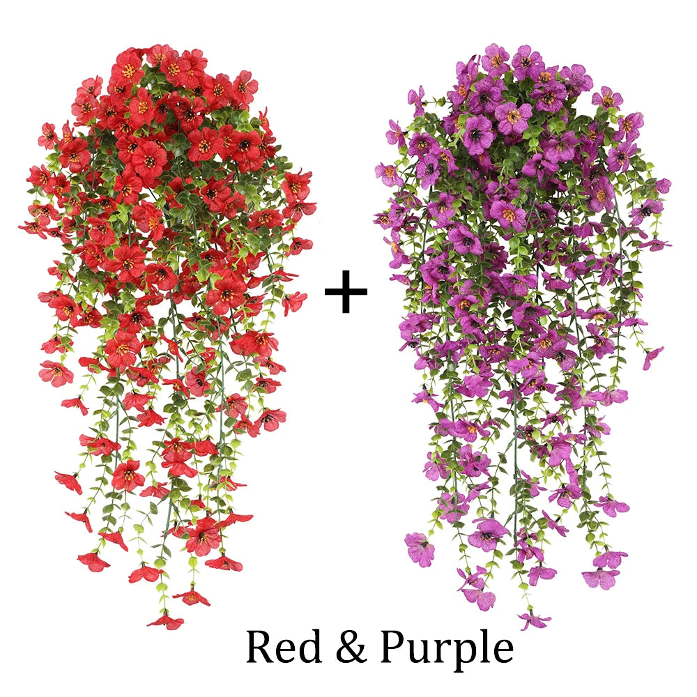 décoration extérieure plante artificielle suspendue fleurs marguerites violettes feuilles vertesbranches flexibles moderne