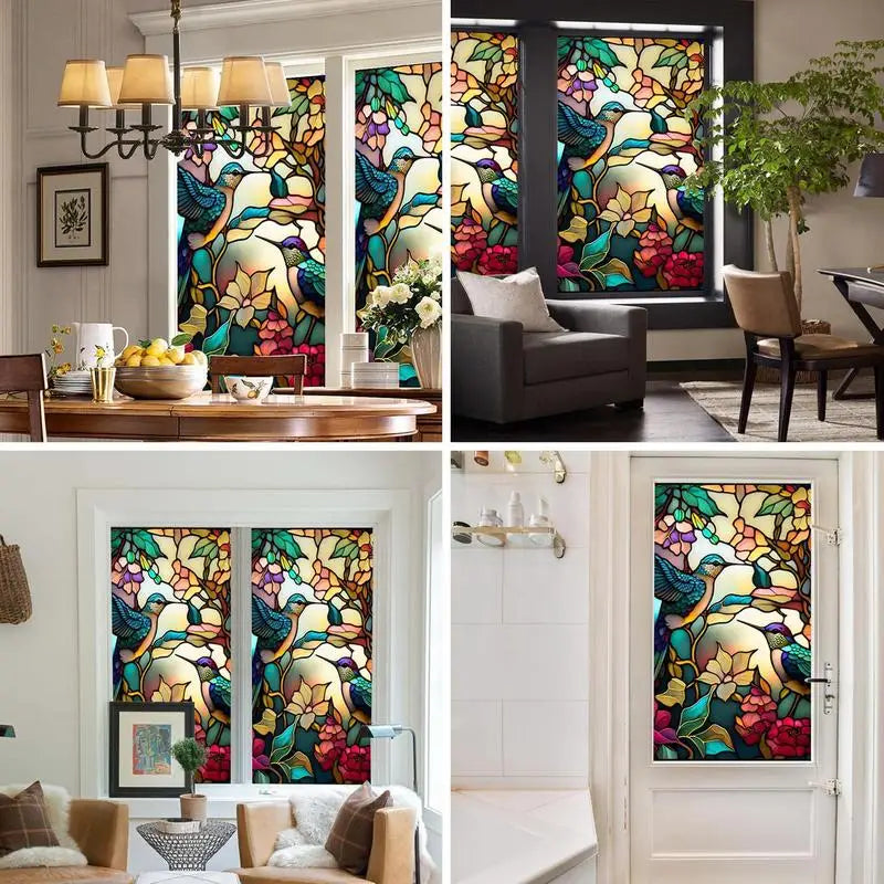 films décoratifs adhésifs oiseaux colorés feuilles fleurs moderne opaques fenêtres bleu vert jaune rouge