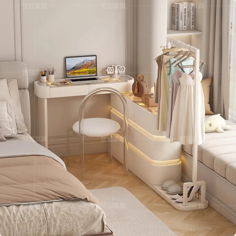coiffeuse bois moderne beige miroir tiroirs tabouret étagère rangement chambre coucher