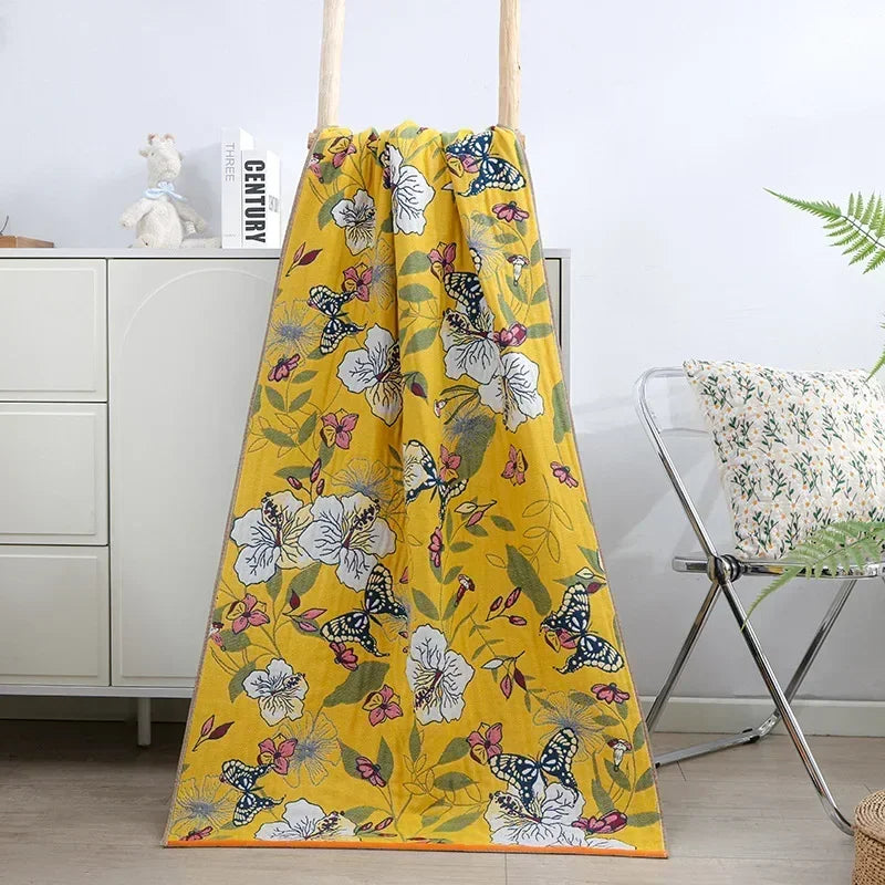 serviette bain coton jacquard fleurs vintage rapide absorption grande taille bleu orange rouge