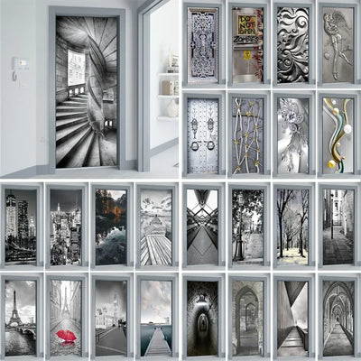 Sticker porte 3D escalier gris moderne