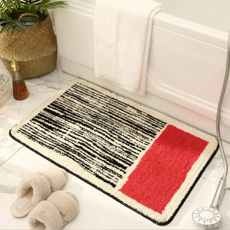 tapis bain moderne bleu clair noir rayures beige géométrique absorption eau salle bain polyester