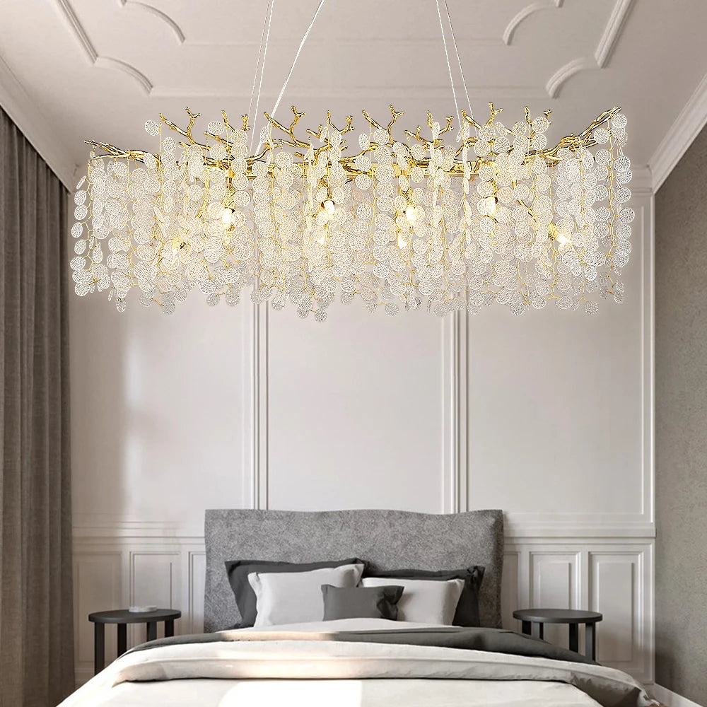 Suspension lumineuse moderne or blanc feuilles dorées 100cm 120cm 150cm 180cm led élégante