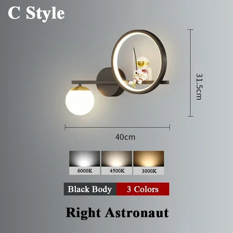 applique murale moderne astronaute étoile dorée noir blanc led chambre enfants