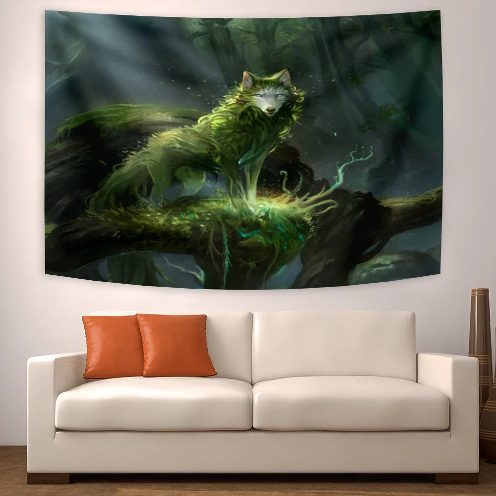 tapisserie loup garou blanc gris forêt musculaire dorés chambre décoration murale imprimée fantaisie sportive