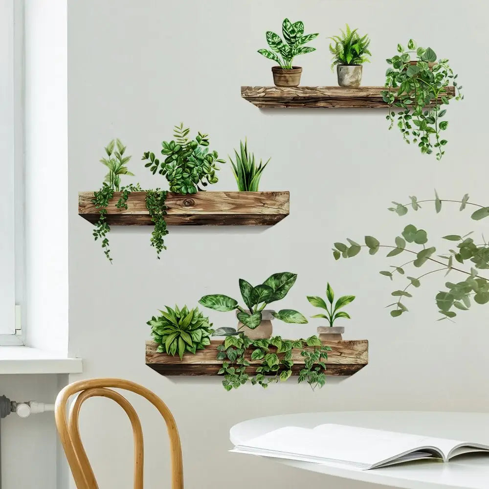 étagères murales rustiques autocollantes bois naturel feuilles vertes plante artificielle pot plante décoration maison
