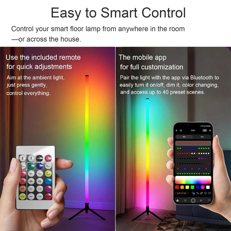 lampe sol led multicolore télécommande application mobile moderne trépied détecteur son flux lumineux rgb
