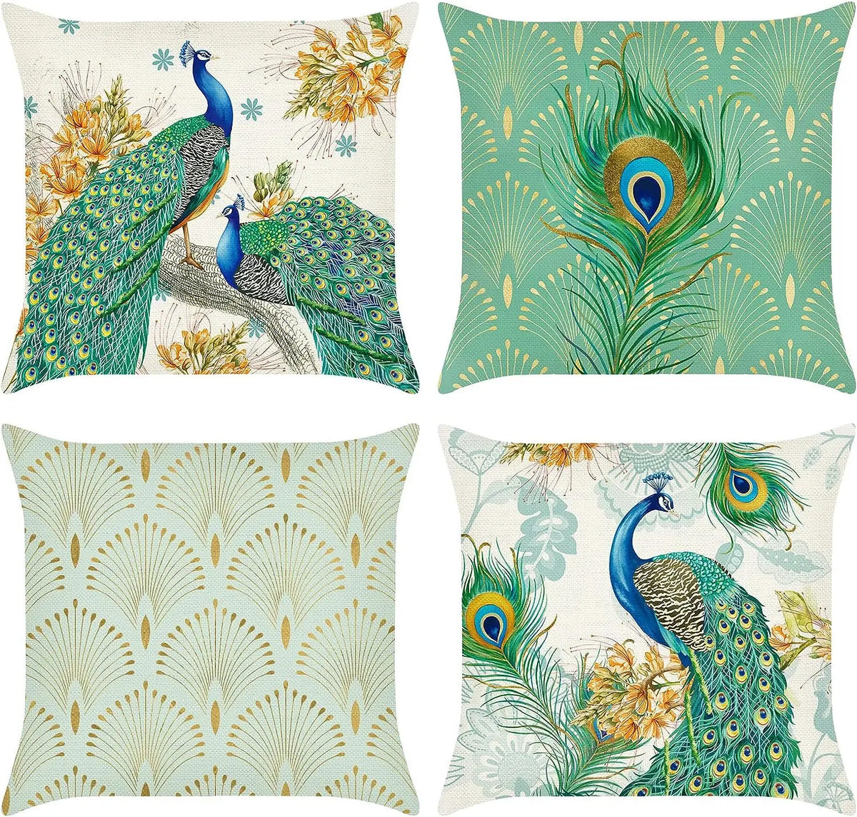 taie d'oreiller lin imprimé plumes paon moderne bleu vert doré coussin carré fixé