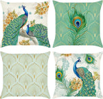 taie d'oreiller lin imprimé plumes paon moderne bleu vert doré coussin carré fixé