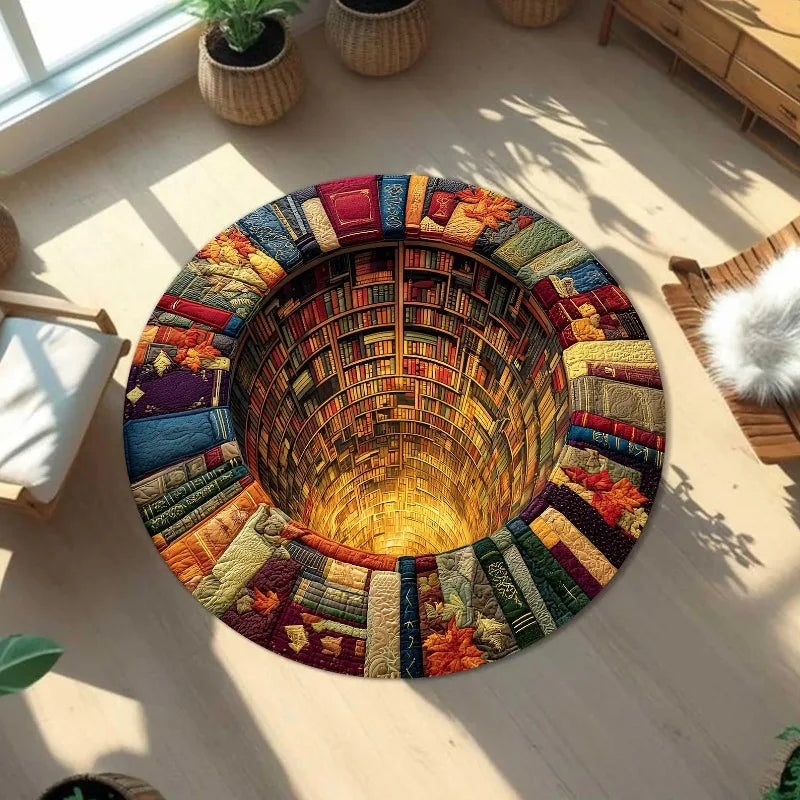tapis rond illusion optique bibliothèque 3d moderne multicolore salon chambre decoration