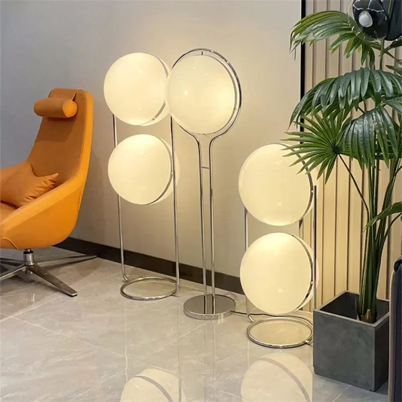 lampe sol moderne minimaliste blanc chrome boule acrylique translucent DEL interruptron haut bas vde