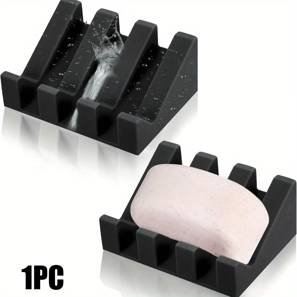 support savon silicone noir grooves moderne salle bains drainage auto savon