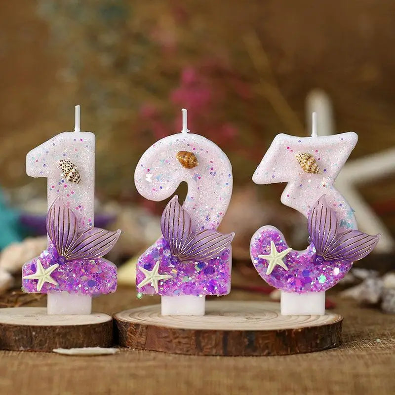 bougies anniversaire forme chiffre violet blanc doré étoile sirène mer décorative adhésive pailletée transparente
