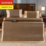 matelas sommeil rotin bambou beige marron carreaux géométriques coussins lit double