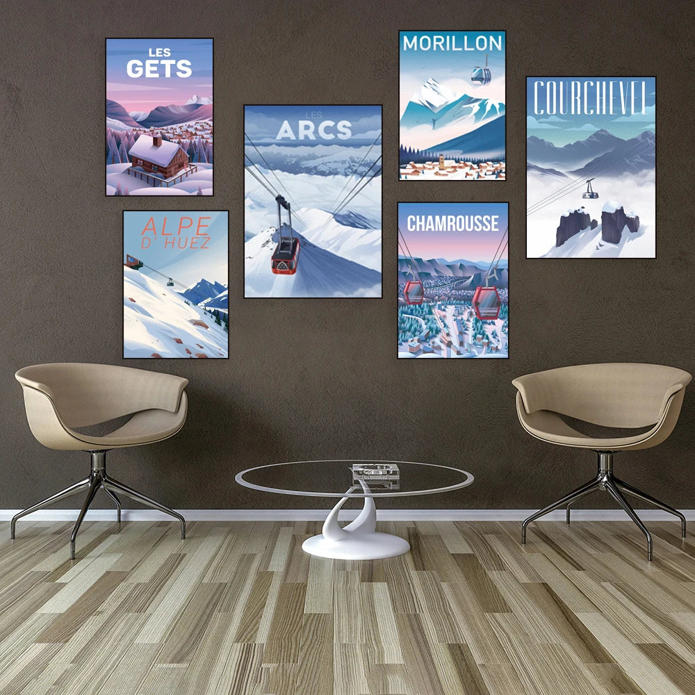 Cette image présente une sélection d'affiches de stations de ski dans les montagnes françaises, avec des scènes de paysages enneigés et d'activités hivernales.