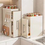 rangement cuisine blanc moderne cuillères bouteilles sauces épices poignées métalliques sans assemblage