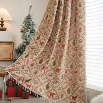 rideau fenêtre décoratif noël motif cloches boules pompons rouge vert beige classique festif