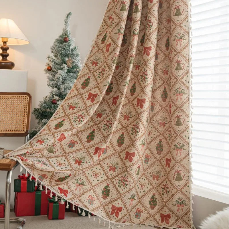 rideau fenêtre décoratif noël motif cloches boules pompons rouge vert beige classique festif